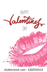 Happy Valentine’s Day typography poster with red handwritten calligraphy text and lips, isolated on white background. Vector Illustration