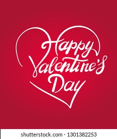 Happy Valentine’s Day typography poster with white handwritten calligraphy text, isolated on red background. Vector Illustration
