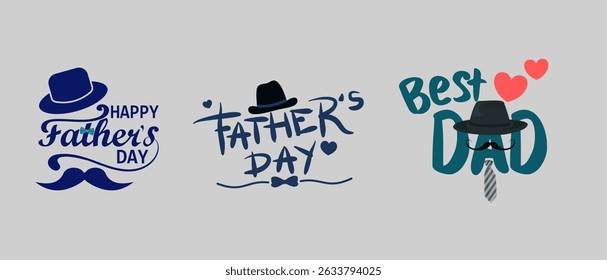 Happy Father’s Day typography-based banner featuring mustache, Cap, Bow Tie, Heart and stylish lettering, perfect for cards, posters, and celebration visuals.