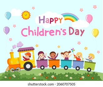 Happy Children’s Day vector background with happy kids on the train.