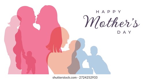 Feliz Anuncio de Vector del Día de la Madre con espacio de copia. Tarjeta de felicitación del día de la madre con la madre sosteniendo un bebé en sus manos.