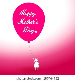 Happy motherÂ´s day vector card template illustration with girl and pink balloon.