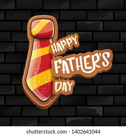 Happy Father’s Day vector cartoon greeting card. Fathers day retro style label or icon on black brick wall texture background 
