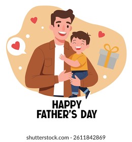 Happy Father’s Day Vector – Father and Son Hug Illustration with Love, Smiles, and Gift Icons