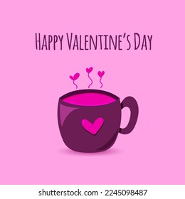 Happy Valentine’s day vector greeting card with hand drawn cup and hearts 