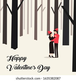 Happy Valentine’s Day Vector Illustration of A Cute and Romantic Couple in Forest with Winter Moment Couple in Love. Relationship. For Gift, Greeting Card and Instagram Post or Stories