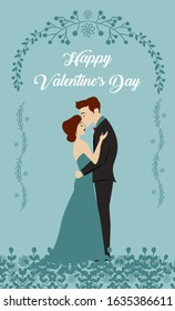 Happy Valentine’s Day Vector Illustration of A Cute and Romantic Couple with Smiling Face and Kissing in Wedding Moment. Couple in Love. Relationship. For Gift, Greeting Card and Instagram Post 