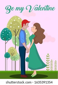 Happy Valentine’s Day Vector Illustration of A Cute and Romantic Couple with Smiling Face and Staring Their Eyes Each Other in Garden. Couple in Love. Relationship. For Gift, Greeting Card 