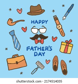 Happy Father’s Day, vector illustration of Father's Day cute doodle set. Elements are isolated on blue background.