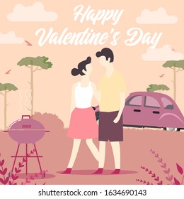 Happy Valentine’s Day Vector Illustration of a Romantic Flat Modern Design Couple Picnic in Love on Outdoor Nature Background for Gift, Wallpaper, Greeting Card, Invitation, Poster, Banner