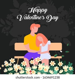 Happy Valentine’s Day Vector Illustration of a Romantic Couple who Sitting Together. Flat Modern Design Couple in Love on Dark Nature Background for Gift, Greeting Card, Invitation, Wallpaper