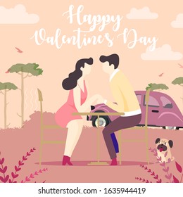 Happy Valentine’s Day Vector Illustration of a Romantic Couple Dinner Together. Flat Modern Design Couple in Love on Outdoor Nature Background for Gift, Wallpaper, Greeting Card