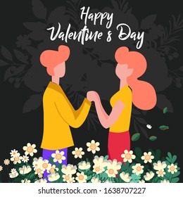 Happy Valentine’s Day Vector Illustration of a Romantic Couple that Holding on Their Hand Each Other. Flat Modern Design Couple in Love on Dark Nature Background for Gift, Greeting Card, Invitation