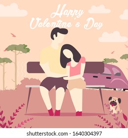 Happy Valentine’s Day Vector Illustration of a Romantic Couple in Love who Sitting Together. Flat Modern Design Couple in Love Outdoor Nature Background for Gift, Greeting Card, Invitation