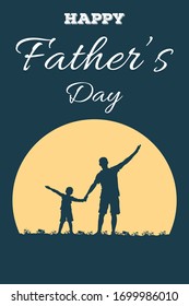 Happy Father’s Day vector illustration. Silhouettes of dad and boy against a backdrop of a sun and hold hands and spread their other hands to the sides. Family men and child outdoors.