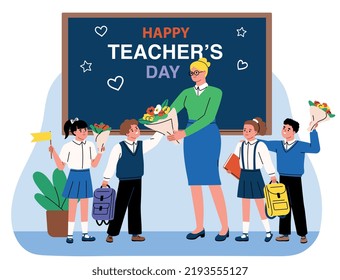 Happy Teacher’s Day Vector Illustration. Students Giving Flowers To Teacher. Text On The Blackboard. School Children