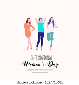 Happy Women’s Day, Vector International 8 March. International women’s day illustration concept with three girls pose. Can use for, landing page, template, ui, web, homepage, poster, banner. Vector