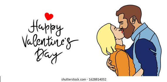 Happy Valentine’s Day -vector lettering of hand drawn illustration.  A couple in love. Man and woman, boy and girl kissing. Lovers or romantic partners on date. Portrait of boyfriend and girlfriend,