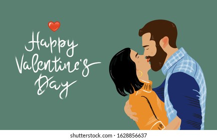 Happy Valentine’s Day vector lettering of hand drawn illustration.  A couple in love. Man and woman, boy and girl kissing.  Hand-painted vector illustration for a Valentine's Day card. 
