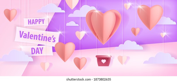 Happy Valentine’s Day vector love background or romantic greeting card concept with papercut hearts, aerostat, clouds. Holiday romantic gift banner with flying objects.Valentine’s day pink,violet card