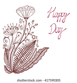 Happy day. Vintage background with ancient flowers like portulaca, poppy or dandelion, plantain, red currant branch in hand drawn style, hand-drawn vector illustration