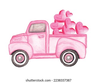 Happy Valentine’s Day Watercolor Vector Illustration, Watercolor truck vector clipart, Valentine truck Vector, Valentine Truck Vector