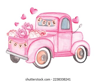 Happy Valentine’s Day Watercolor Vector Illustration, Watercolor truck vector clipart, Valentine truck Vector, Valentine Truck Vector