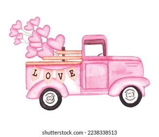 Happy Valentine’s Day Watercolor Vector Illustration, Watercolor truck vector clipart, Valentine truck Vector, Valentine Truck Vector