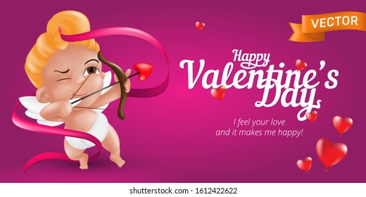 Happy Valentine’s Day web banner or flyer with baby cupid and bow, pink ribbon and 3D hearts. Vector illustration for February 14 Day of love holiday. Can be used for posters or greeting cards design