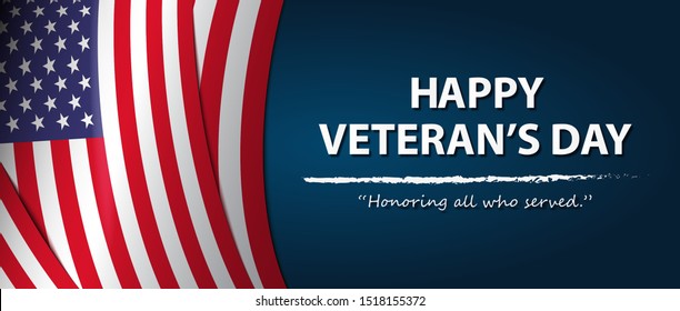 Happy veteran’s day.Honoring all who served. USA waving flag.- Banner-Vector Illustration