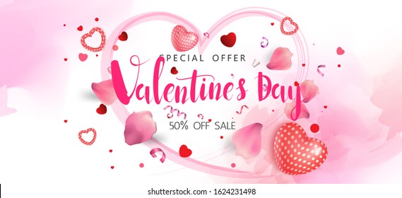 Happy Valentine’s Day,Pink watercolor style,Sale promotion banner, poster or flyer vector illustration 3D style,Valentines day super sale promotion shopping online.