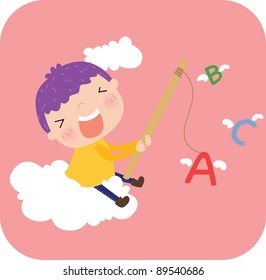 Happy Days with ABC Fishing - Learning Letters with a cute little boy on pink background : vector illustration