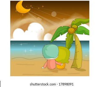 Happy Days with Cute Friends - traveling with lovely young couple in romantic resort island on summer holiday background with beautiful brown sky and blue water : vector illustration