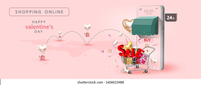 Happy Valentine’s Day,Sale Promotion Banner, Poster Or Flyer Vector Illustration 3D Style,Valentines Day Super Sale Promotion Shopping Online.
