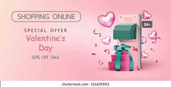 Happy Valentine’s Day,Sale promotion banner, poster or flyer vector illustration 3D style,Valentines day super sale promotion shopping online.