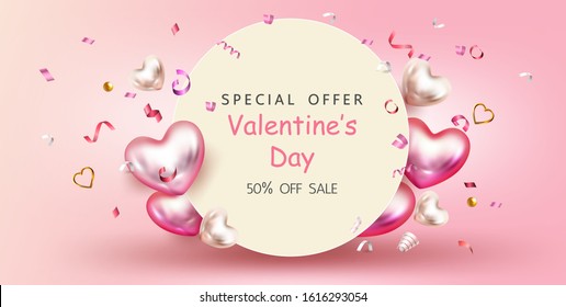 Happy Valentine’s Day,Sale promotion banner, poster or flyer vector illustration 3D style,Valentines day super sale promotion shopping online.