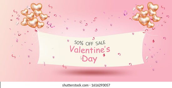 Happy Valentine’s Day,Sale promotion banner, poster or flyer vector illustration 3D style,Valentines day super sale promotion shopping online.