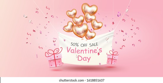 Happy Valentine’s Day,Sale promotion banner, poster or flyer vector illustration 3D style,Valentines day super sale promotion shopping online.