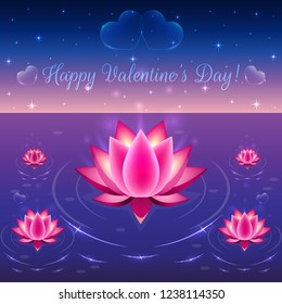 Happy Valentine’s day.Water lilies, hearts,  pink lotuses on water vector illustration, night, stars and sparkles.