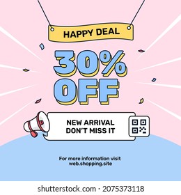 Happy deal new arrival sale online shop social media promotion poster design  Outline typography style and banner   megaphone icon vector illustration