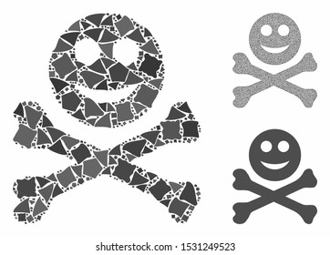 Happy death composition of joggly parts in different sizes and color tints, based on happy death icon. Vector ragged items are composed into collage. Happy death icons collage with dotted pattern.