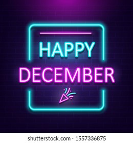 "Happy December" neon lettering style on dark brick wall background, vector illustration.