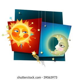 Happy Decorative Collage of a Sun and Moon