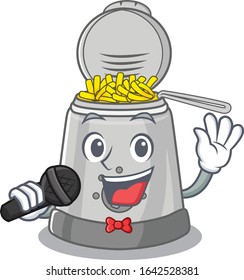 Happy deep fryer singing on a microphone