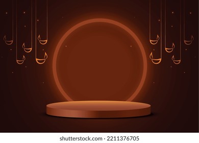 happy deepavali banner wiith 3d podium in brown background 
