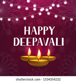 Happy Deepavali calligraphy hand lettering with burning diya candles. Traditional Indian festival of lights Diwali greeting card. Vector template for banner, poster, flyer, postcard.