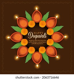 Happy Deepavali or Diwali Greetings decorated with traditional clay lamp leaf and flower. Traditional Diwali unit for greeting.