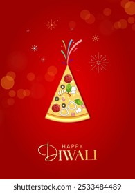 Happy Deepavali or Diwali with pizza creative concept. Festival of Lights. Diwali holiday Background with rangoli, Diwali celebration greeting card, 3d illustration.