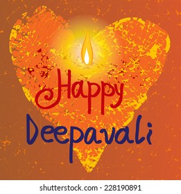 Happy Deepavali illustration with heart and flame on square textured background. Bright multicolor greeting card. Vector art. For Indian festival of lights, Diwali ( Deepawali).