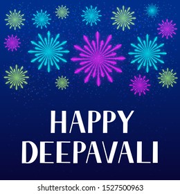 Happy Deepavali lettering with fireworks. Traditional Indian festival of lights Diwali typography poster. Easy to edit vector template for banner, flyer, sticker, postcard, greeting card.